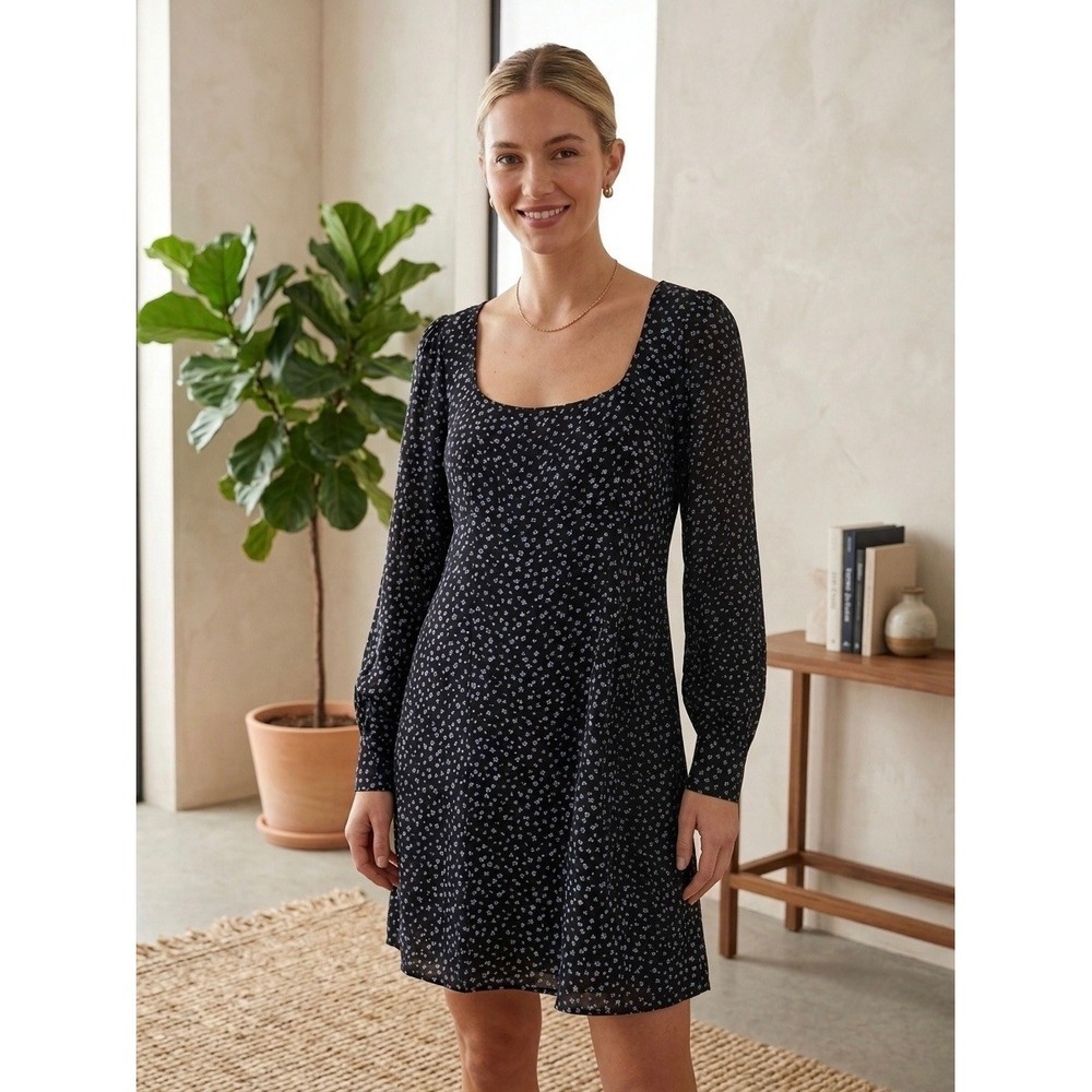 Madewell Square Neck Mini Dress Floral Long Sleeve Black Blue Size 14 NWT